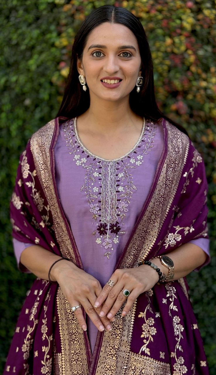 Lorenvalley Fashion Lavender Roman Silk Hand Work Kurta Pant with Dupatta 