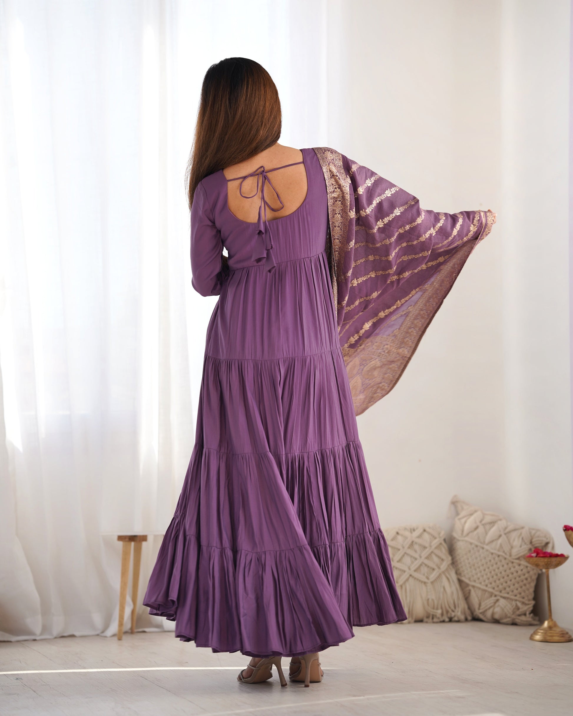 Lorenvalley Women Pure Roman silk Chanderi Fabric Layer Gathering Anarkali Kurta Pant With Dupatta Set - Lavender 