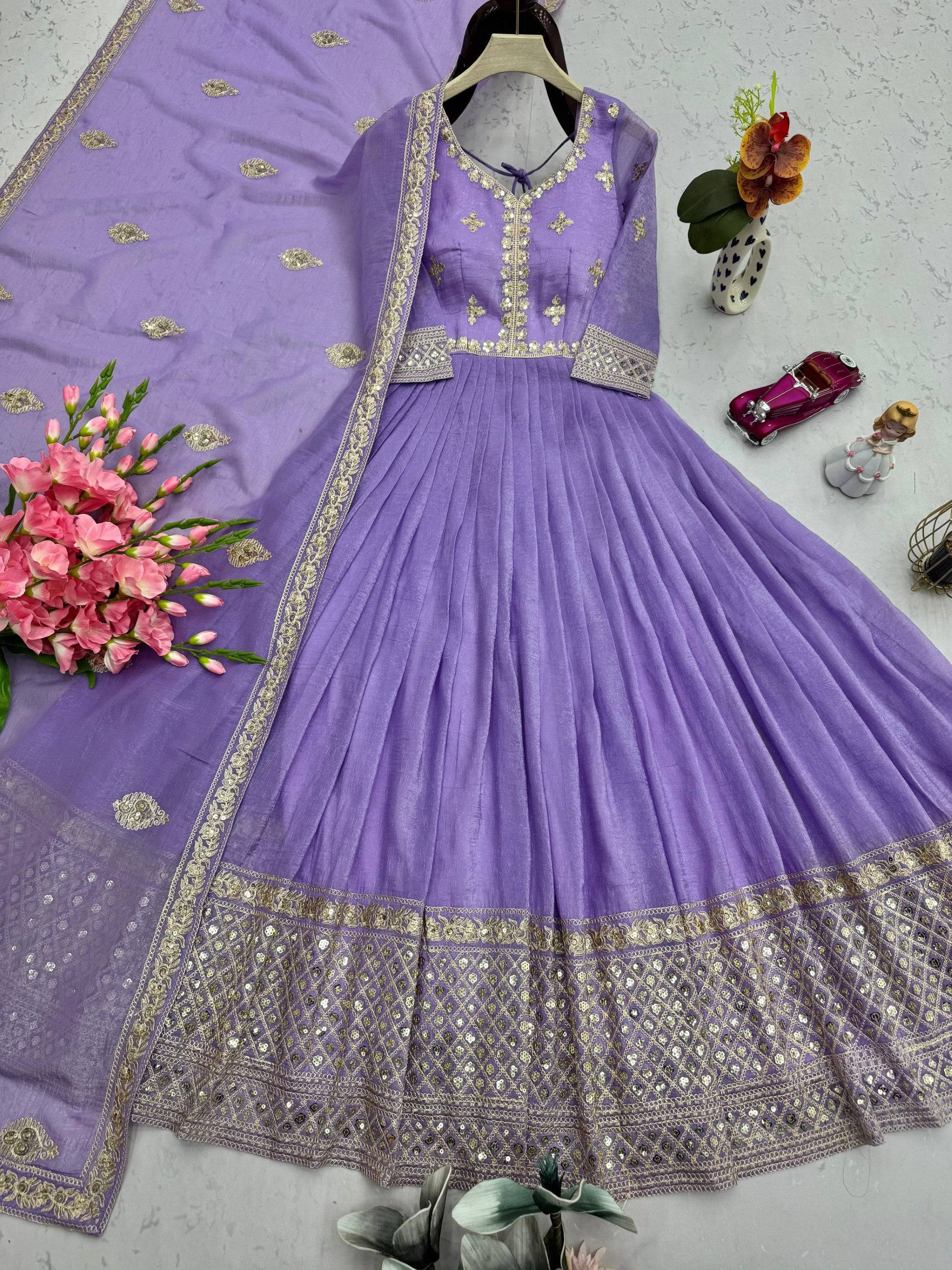 Lorenvalley Fashion Lavender Crunchy Silk with Embroidery Codding & Sequins Work Anarkali Gown with Dupatta 