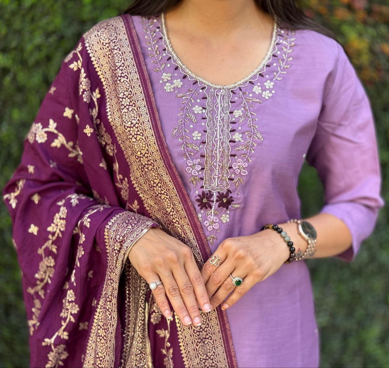 Lorenvalley Fashion Lavender Roman Silk Hand Work Kurta Pant with Dupatta 