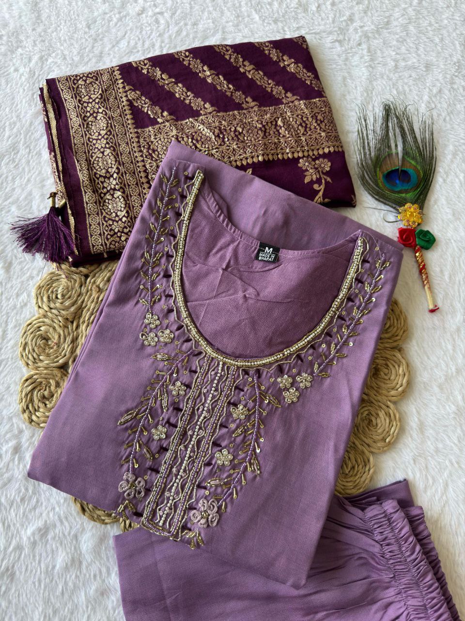 Lorenvalley Fashion Lavender Roman Silk Hand Work Kurta Pant with Dupatta 