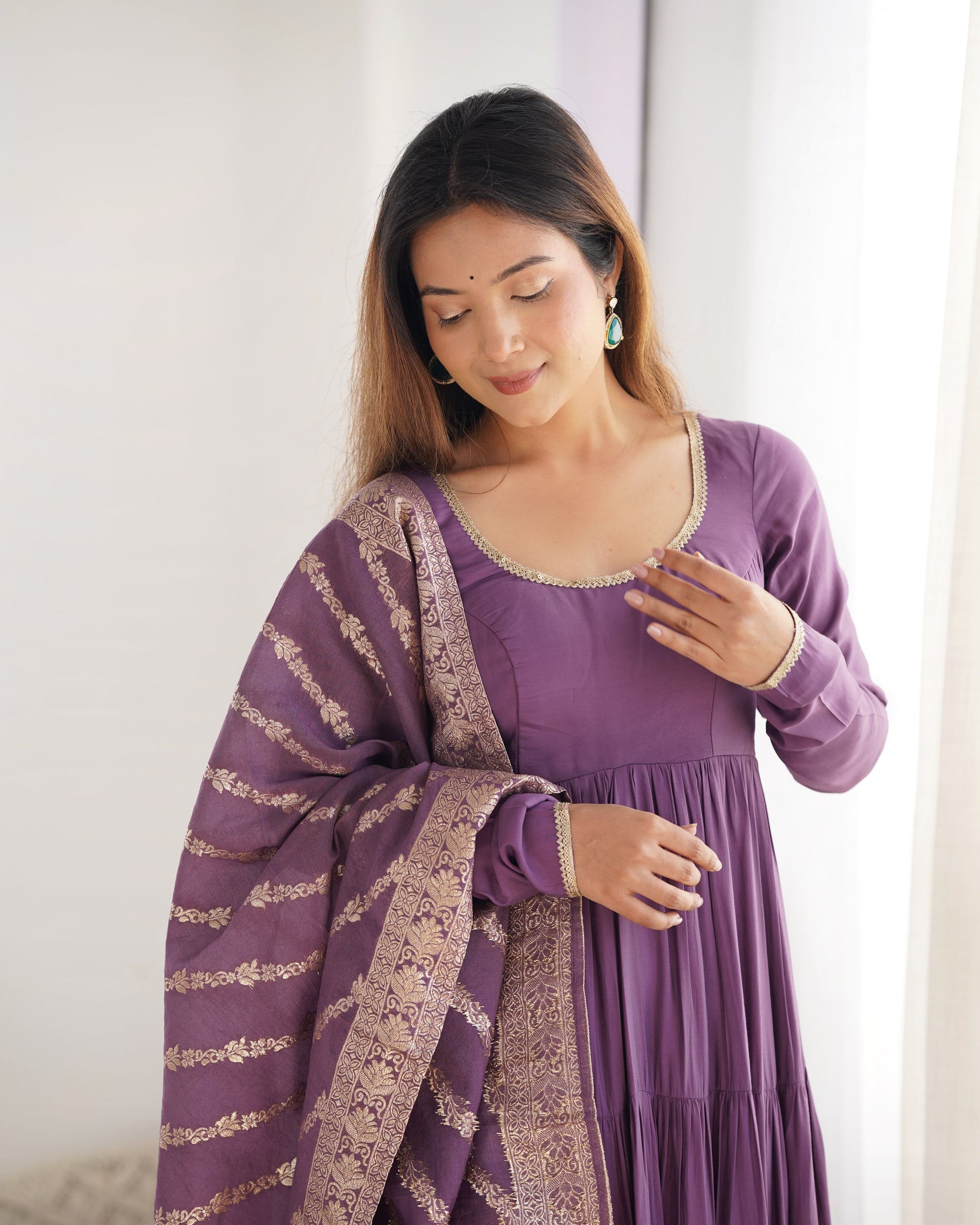 Lorenvalley Women Pure Roman silk Chanderi Fabric Layer Gathering Anarkali Kurta Pant With Dupatta Set - Lavender 
