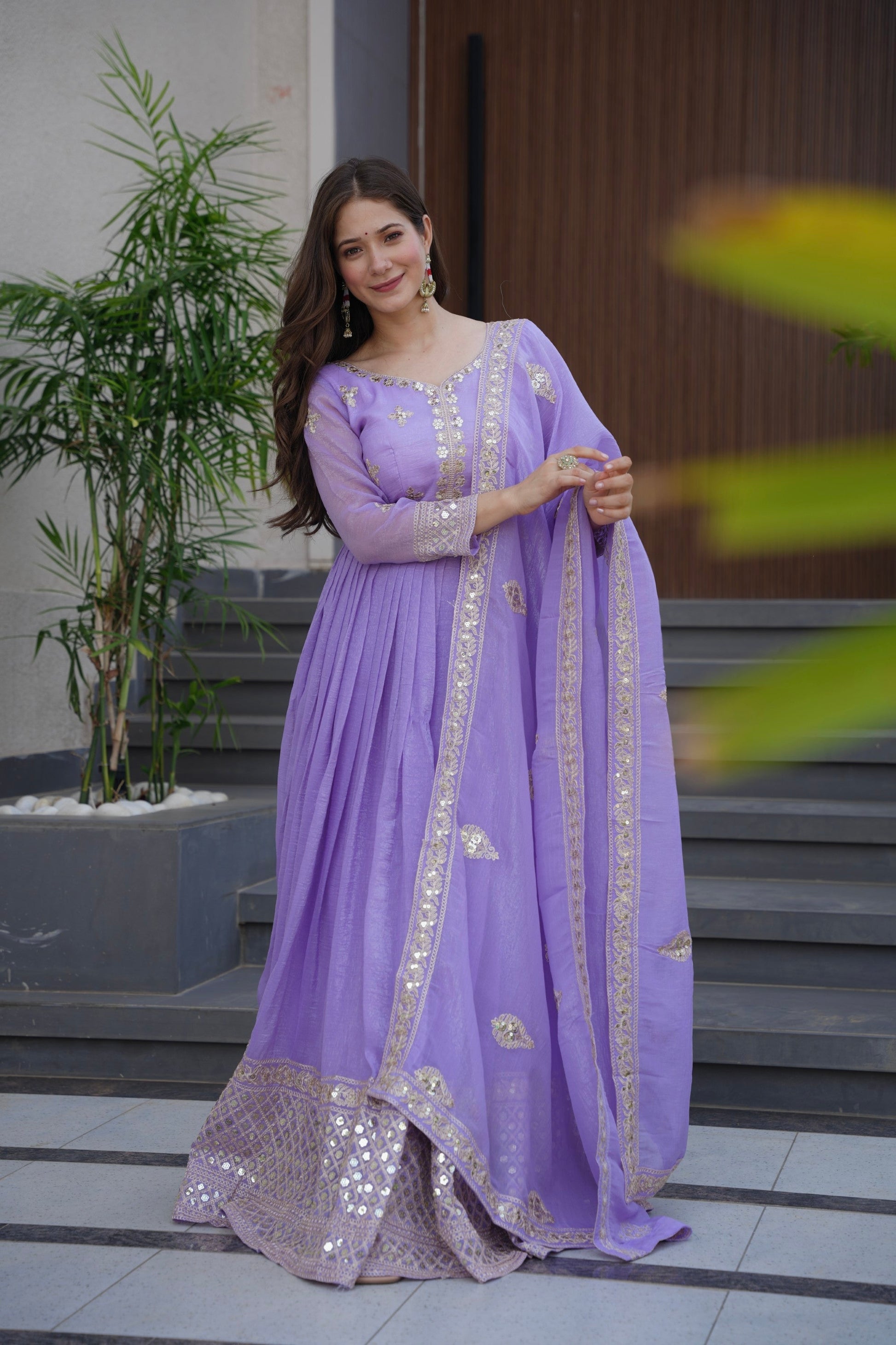 Lorenvalley Fashion Lavender Crunchy Silk with Embroidery Codding & Sequins Work Anarkali Gown with Dupatta 