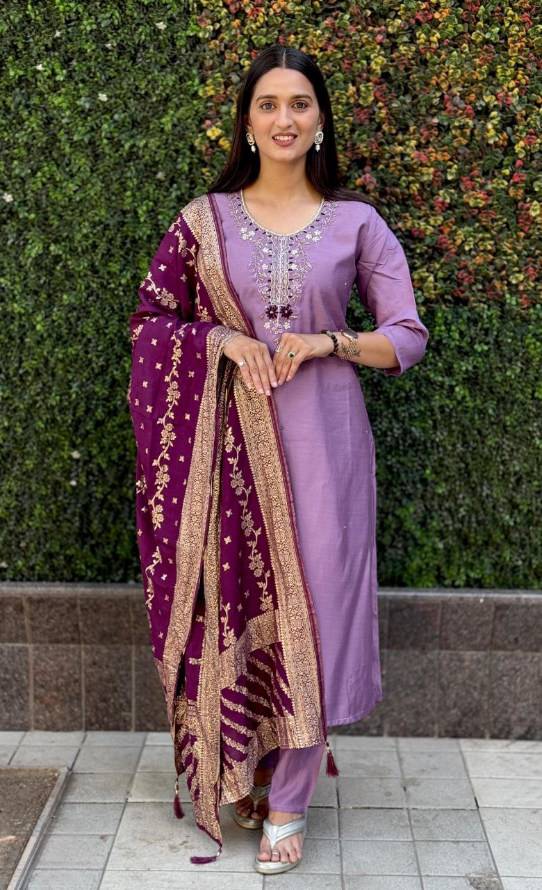 Lorenvalley Fashion Lavender Roman Silk Hand Work Kurta Pant with Dupatta 