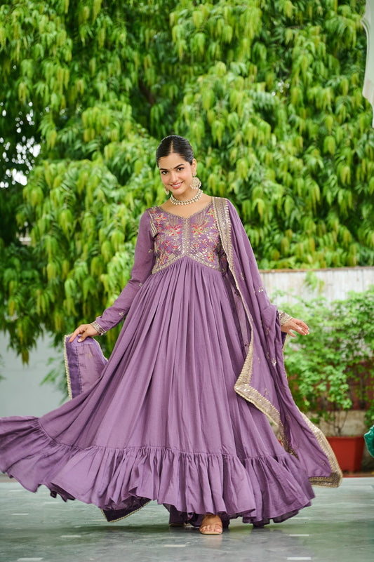 Lorenvalley Fashion Lavender Vichitra Silk with Embroidered Zari & Thread work Anarkali Gown with Dupatta 