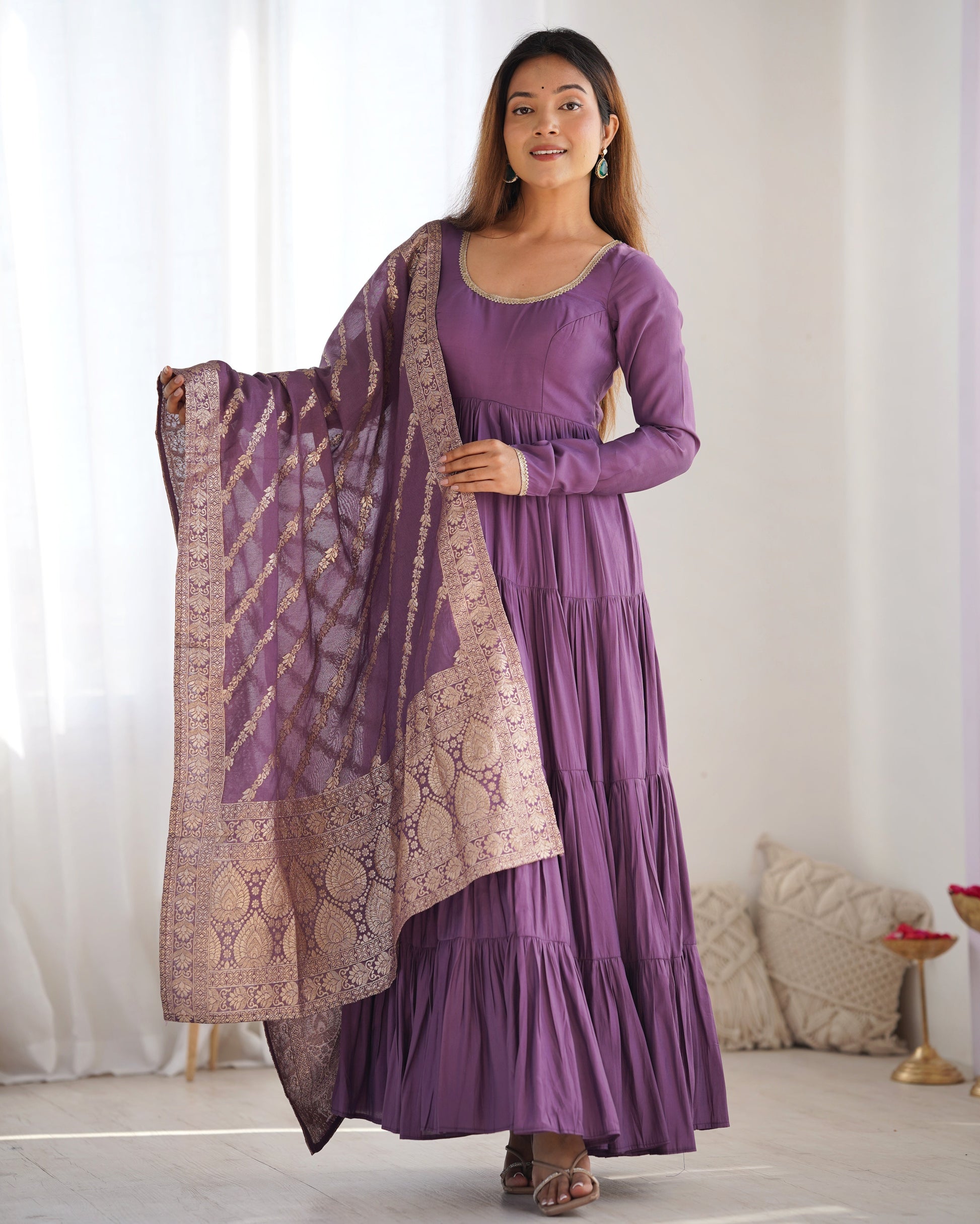 Lorenvalley Women Pure Roman silk Chanderi Fabric Layer Gathering Anarkali Kurta Pant With Dupatta Set - Lavender 