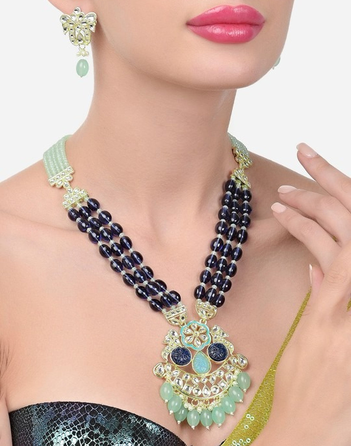 Jewel City Royal Blue Beaded Kundan Pendant Necklace Set | Mint Green Drop Beads | Traditional Gold-Plated Indian Jewelry Set | Grab2Buy