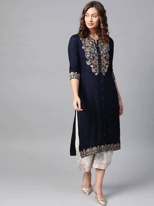 Indian Clothing Anubhutee Navy Blue Paisley Floral Embroidery Kurta Set | Grab2Buy