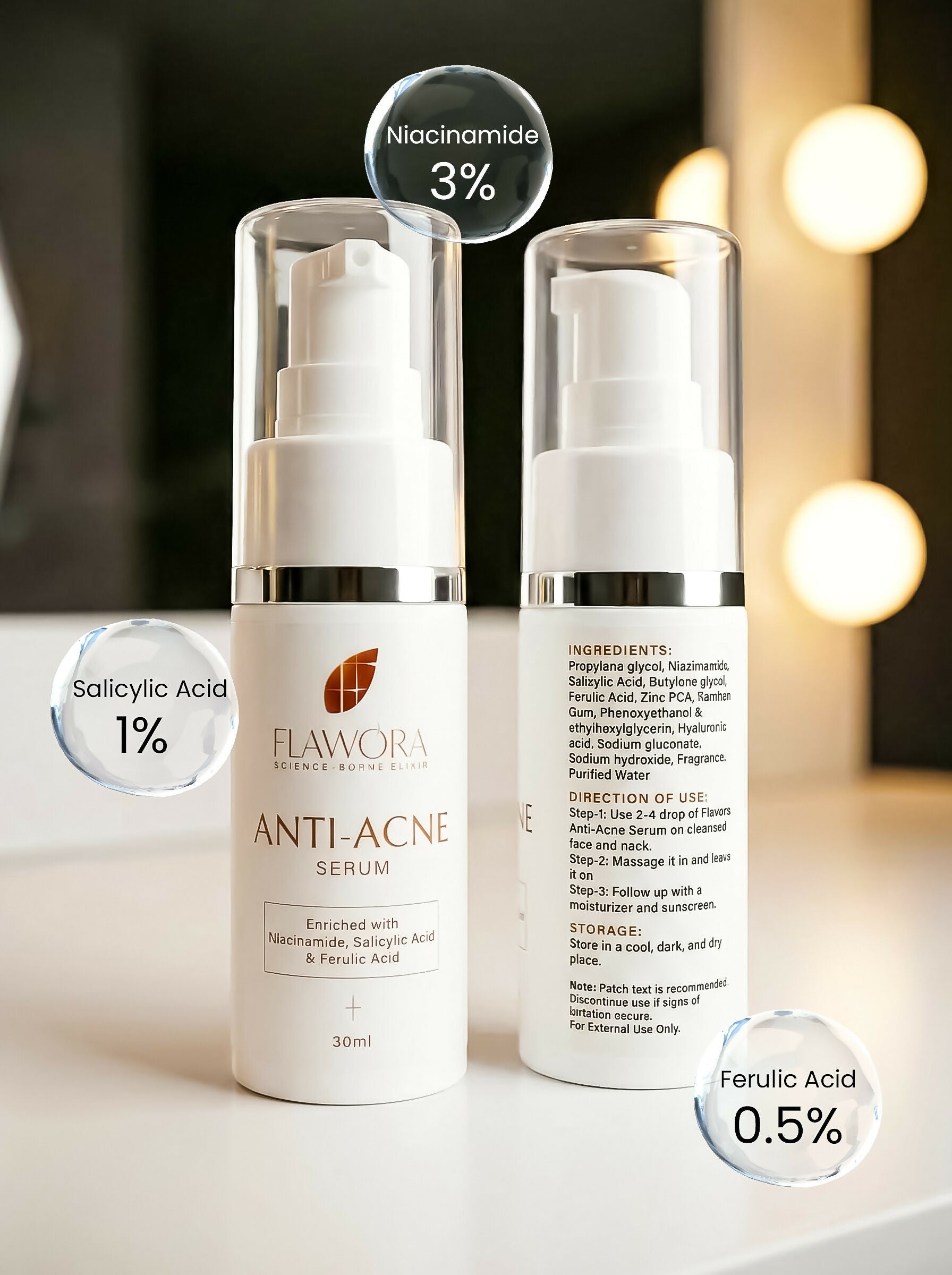 Flawora Set of D-Tan Lotion, Anti Acne Serum, Anti-Grey Hair Serum and Golden Glow Face Serum