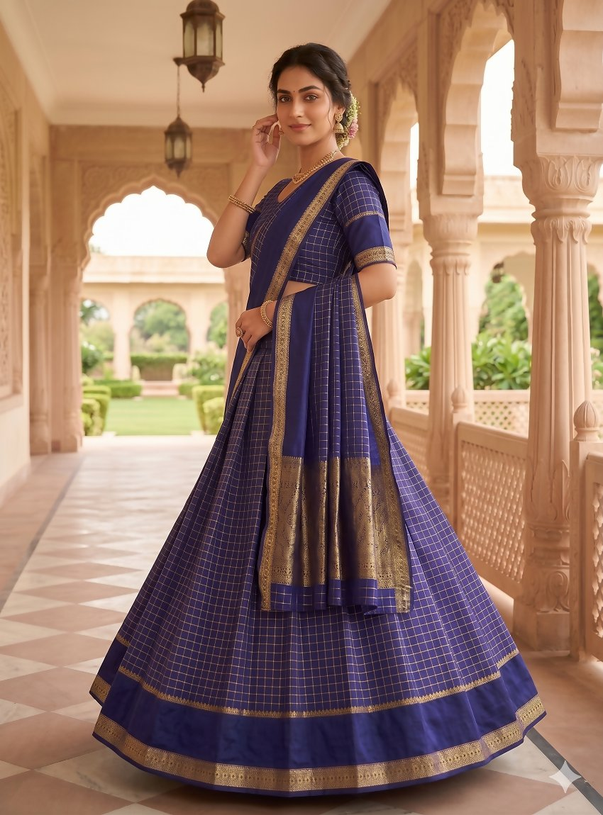 Teeya Creation New South Indian Silk Checked Half Saree Lehenga Choli with Zari Border-Navy-Blue
