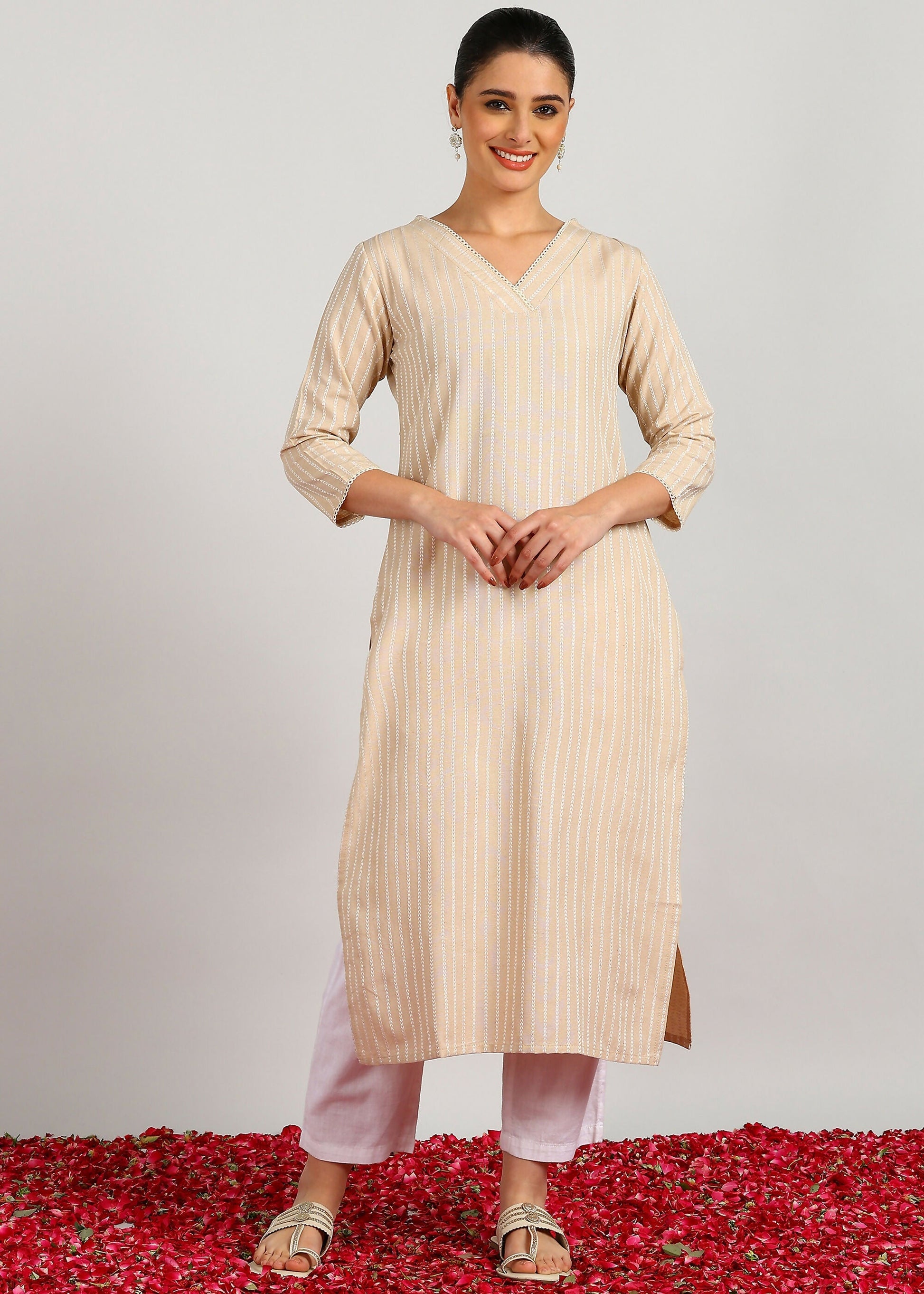Aavyora Women's Beige Woven Striped V-Neck Kurta | Grab2Buy