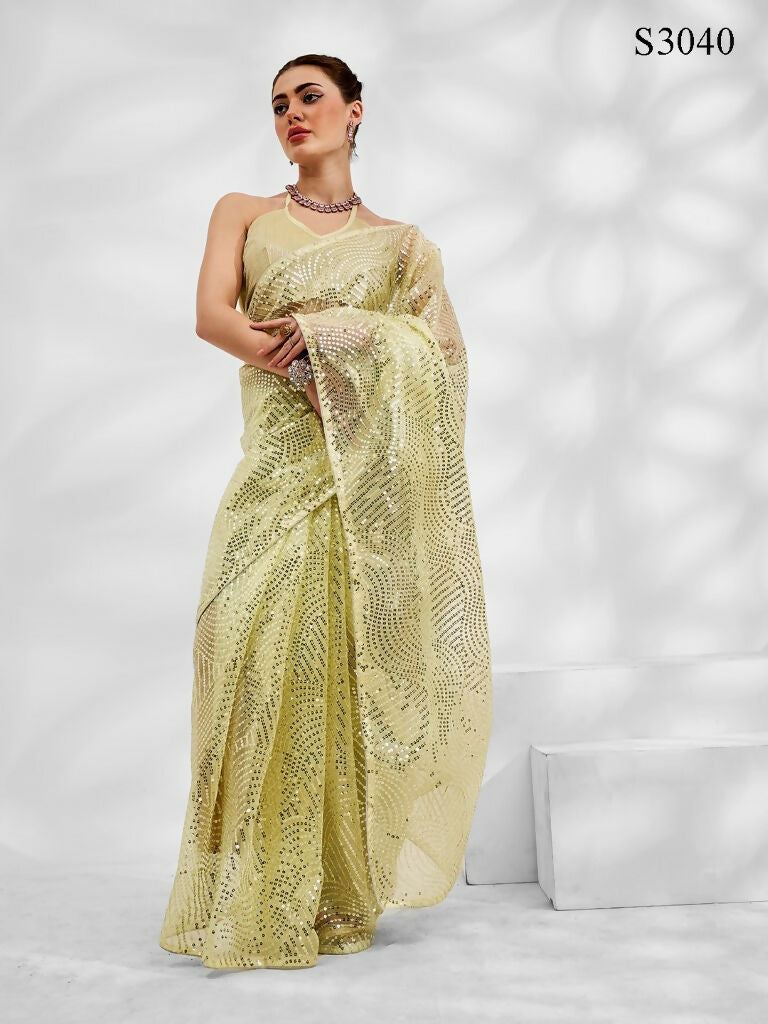 Light Green Net Organza Sequance,Thread Embroidery Work Saree with Unstitched Blouse - Vandini