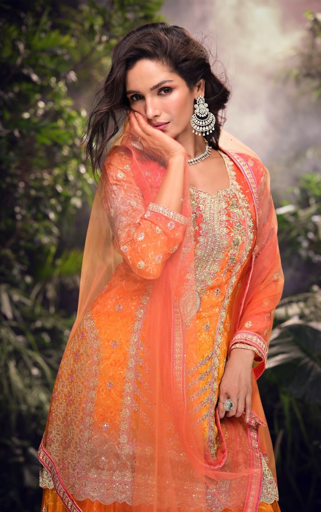 Anaita Orange Chinon Stitched Suit with Embroidery & Sequence Work