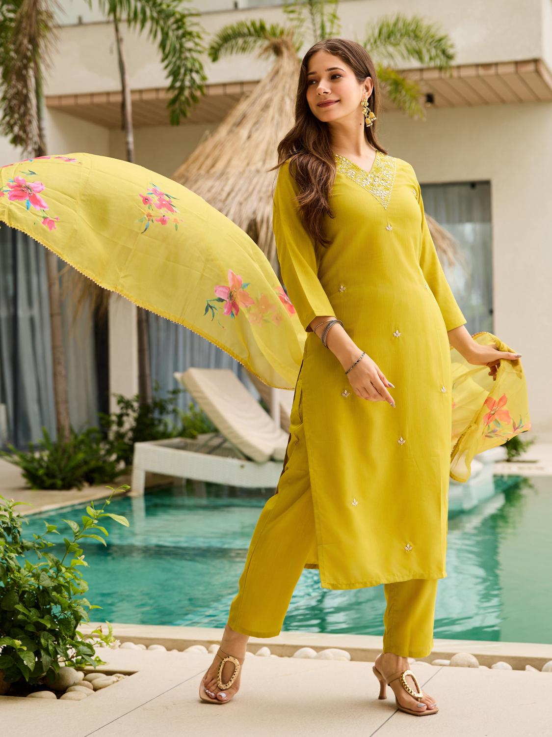 The52 Yellow Embroidered Rayon Slub Fabric Straight Kurta, Pant and Dupatta Set | Grab2Buy
