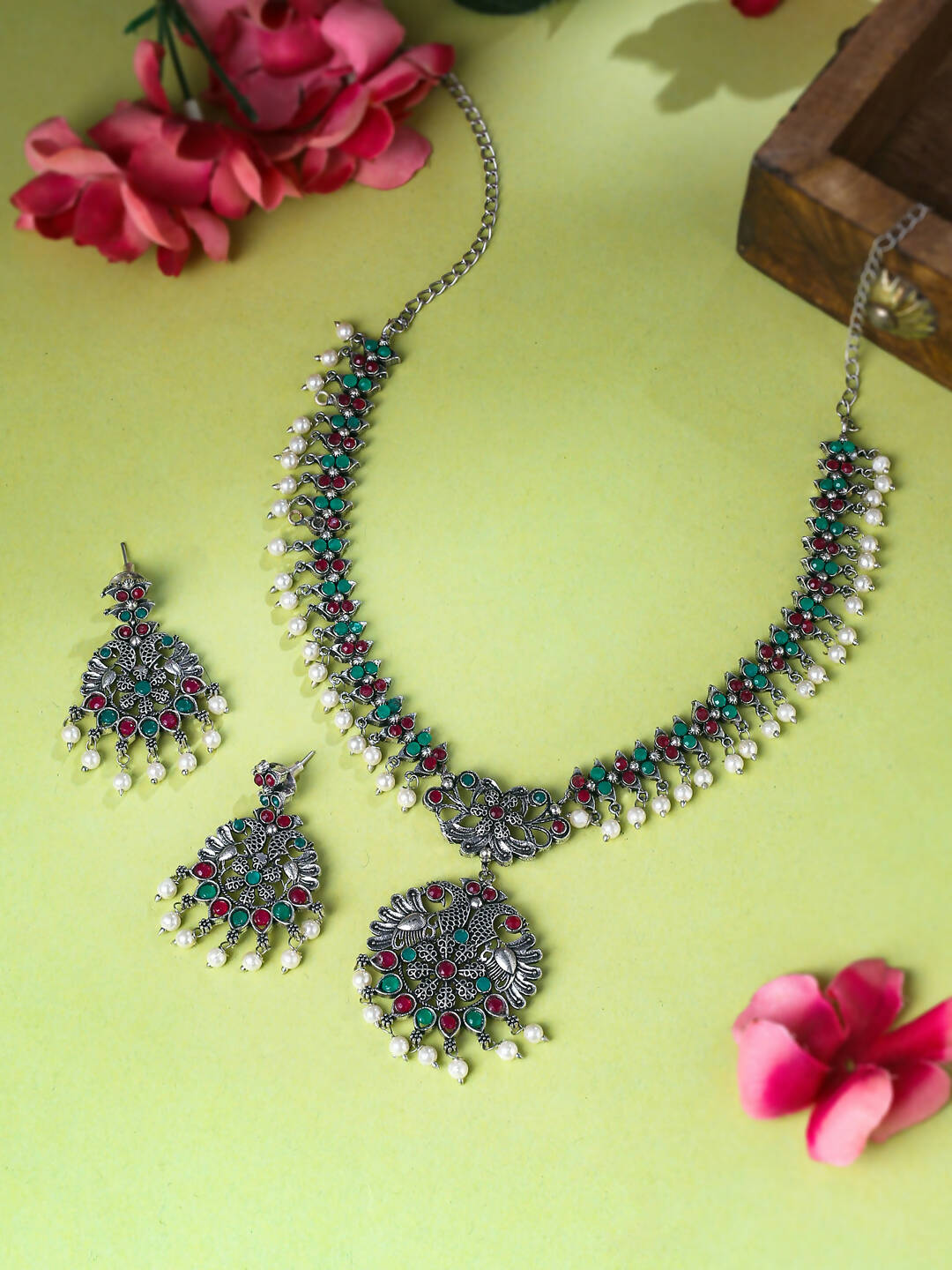 NVR Women Stone Studded Oxidised Silver Jewellery Set - Grab2buy