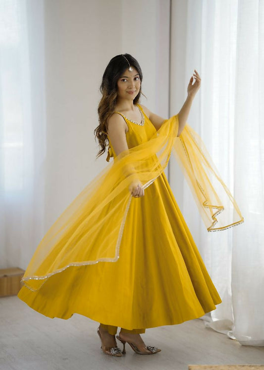 Joban Fashion Yellow Kurta Set Chanderi Sequence Embroidery Work 