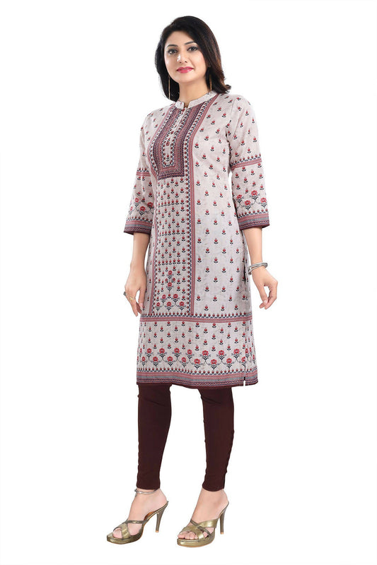 Snehal Creations Charming Cream Digital Print Cotton Slub Long Kurti Tunic