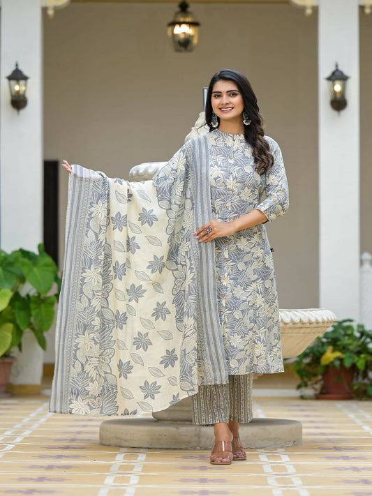 Juniper Women's Grey Floral Printed Cotton Kurta Set With Buttons