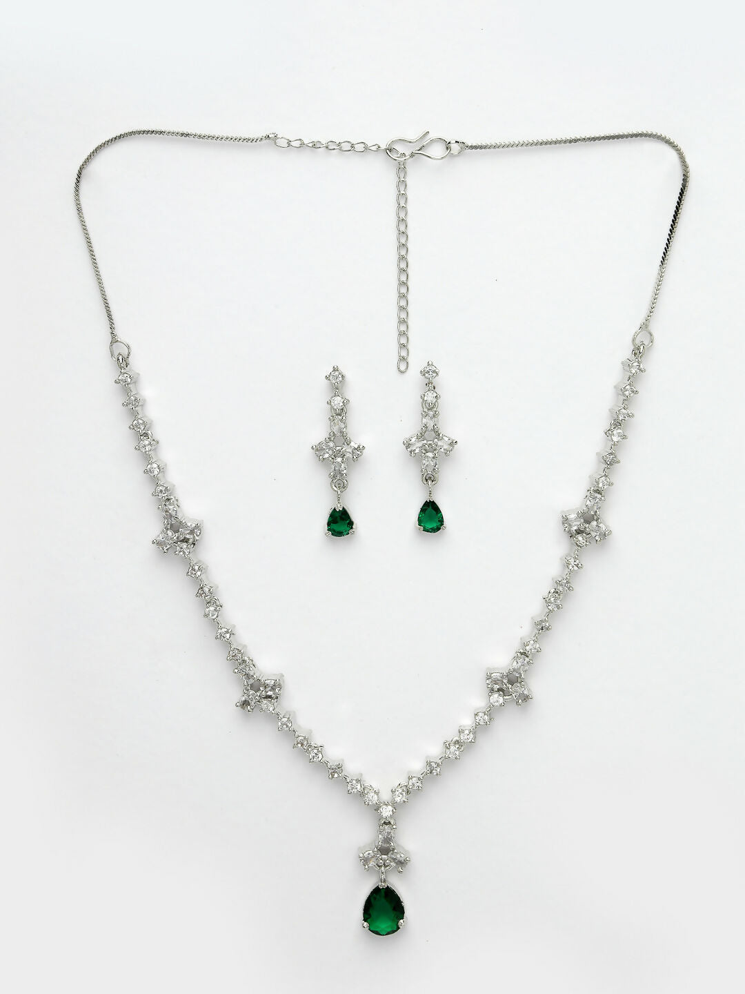 NVR Women's Silver-Plated Green American Diamond Studded Jewellery Set - Grab2buy