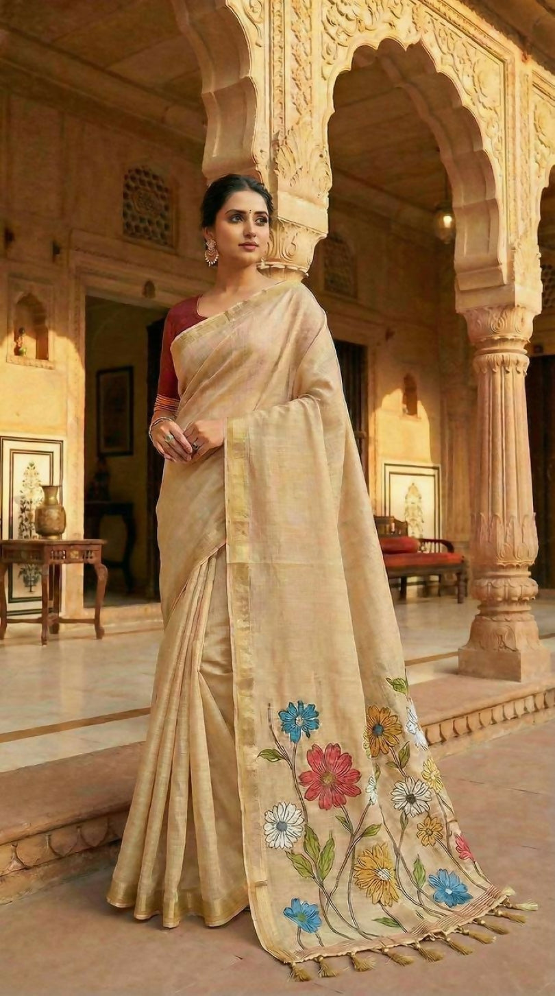 Vastranavya Cream Muga Cotton Meenakari & Azarakh Pallu Grab2Buy with Contrast Blouse  Grab2Buy Vastranavya Grab2Buy