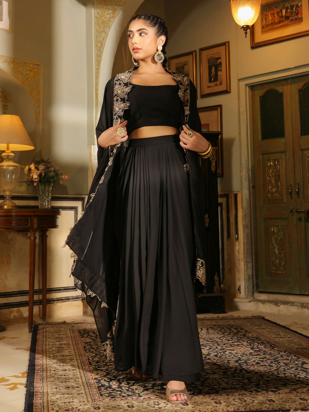 Janasya Black Georgette Solid Top Bottom Cape 