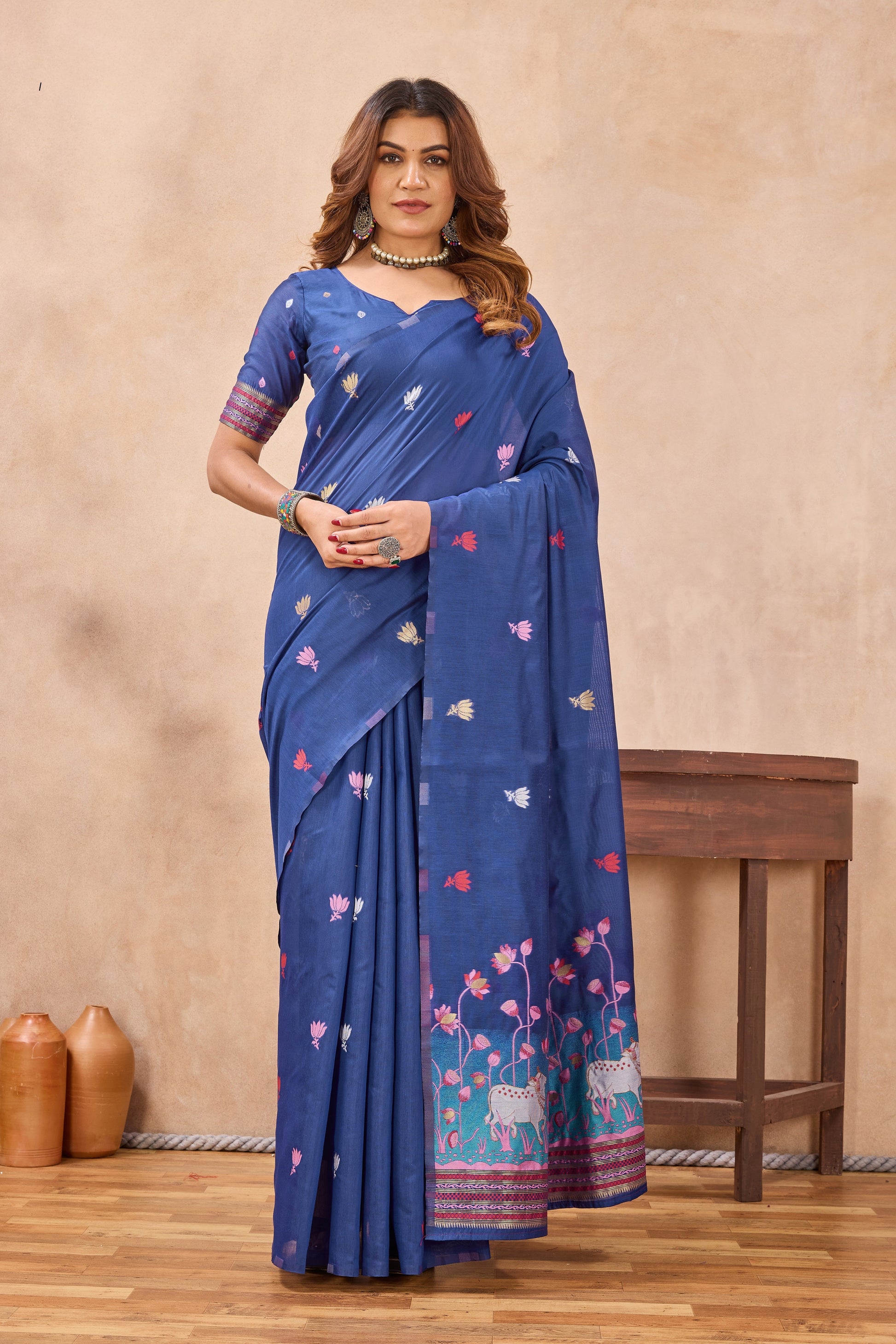 Divine International Trading Co Blue Linen Designer Party Wear Festive Saree With Unstitched Blouse Piece