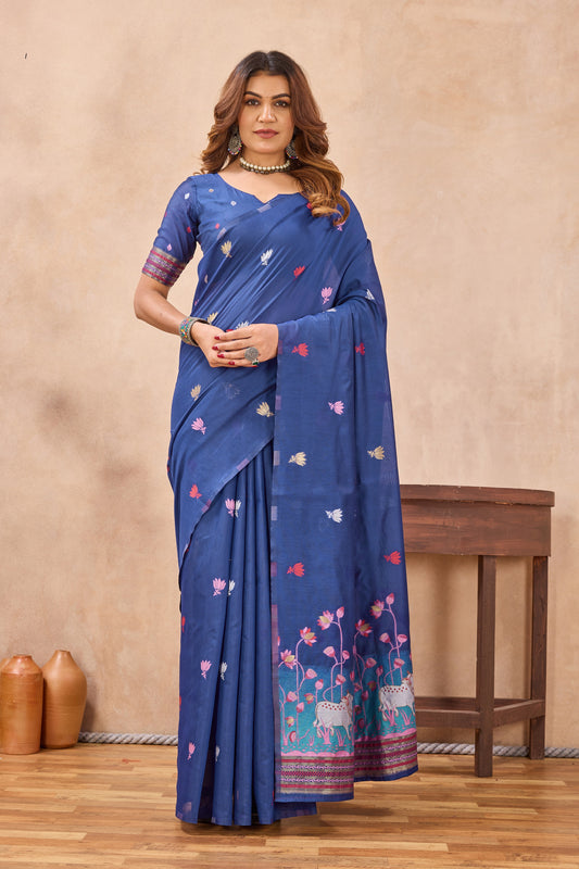 Divine International Trading Co Blue Linen Designer Party Wear Festive Saree With Unstitched Blouse Piece