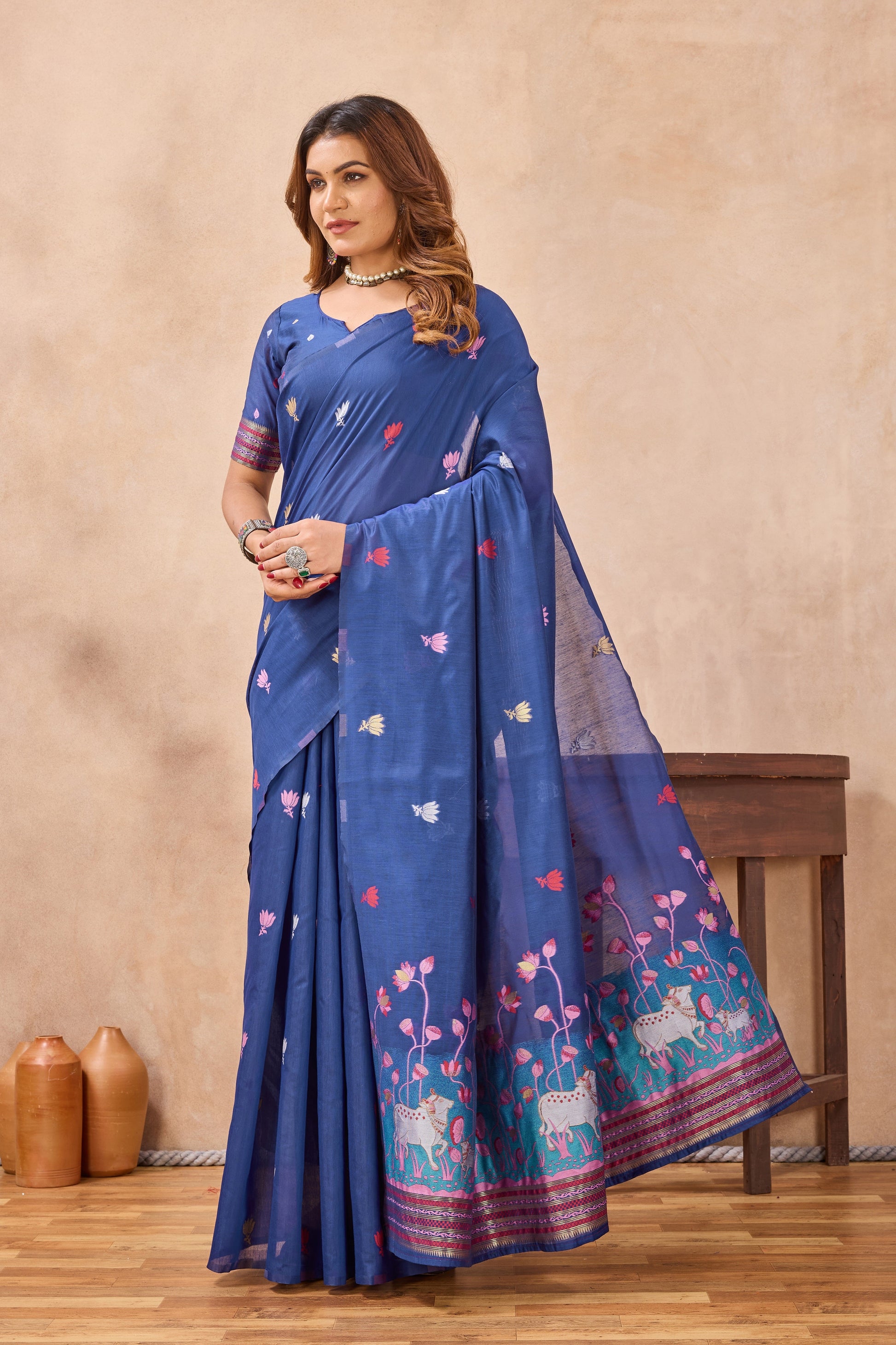 Divine International Trading Co Blue Linen Designer Party Wear Festive Saree With Unstitched Blouse Piece