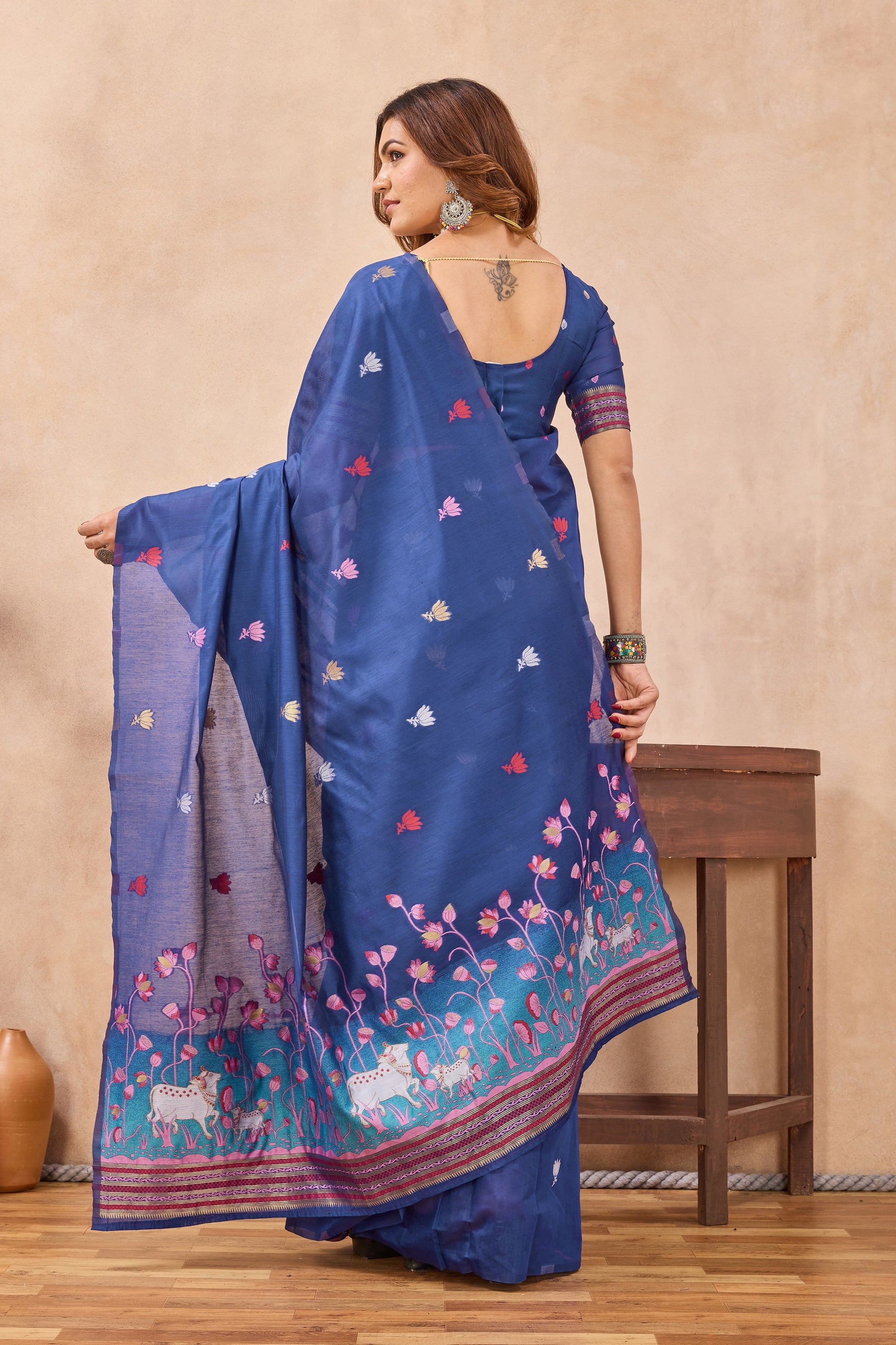 Divine International Trading Co Blue Linen Designer Party Wear Festive Saree With Unstitched Blouse Piece