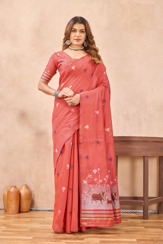 Divine International Trading Co Peach Linen Designer Party Wear Festive Saree With Unstitched Blouse Piece