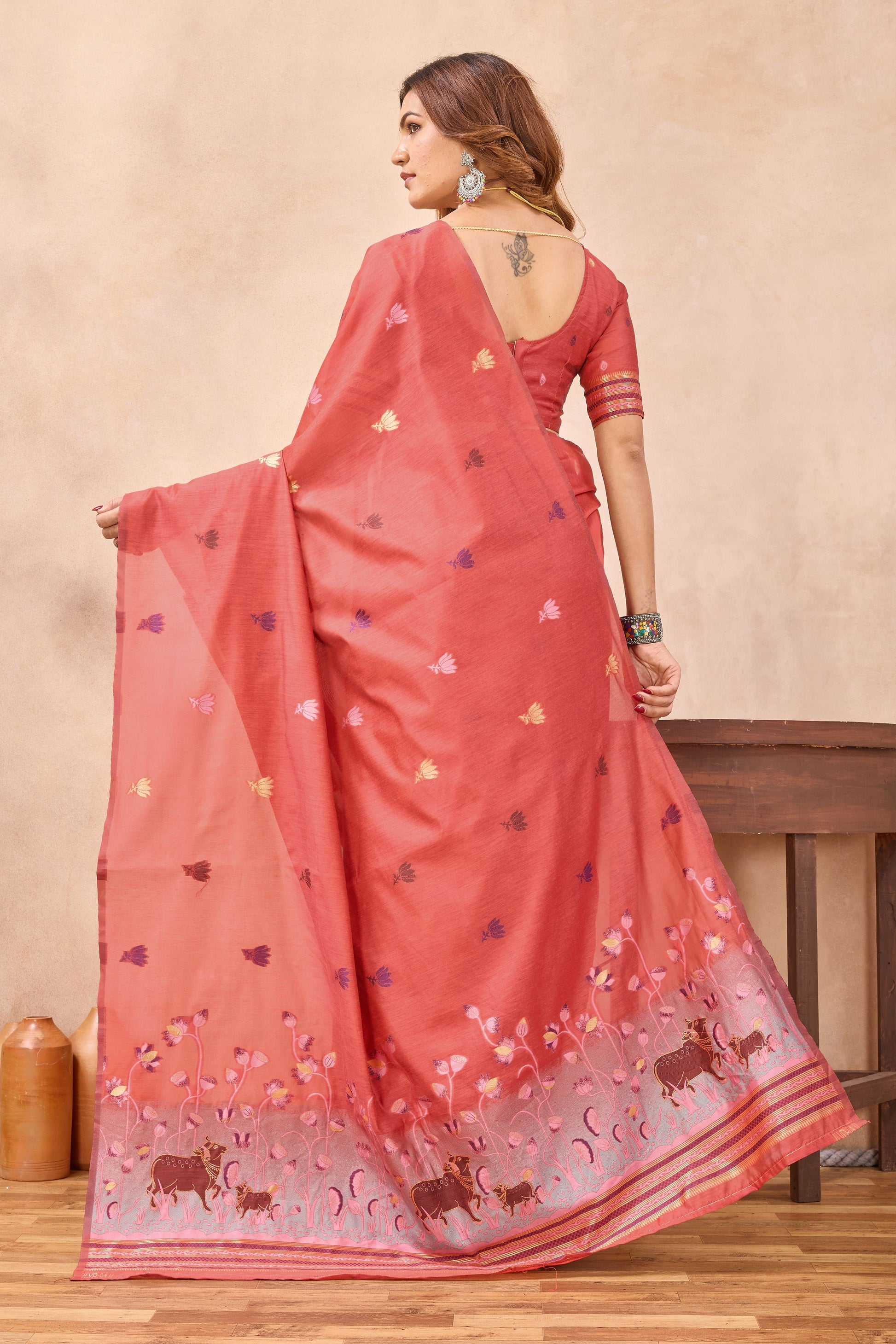 Divine International Trading Co Peach Linen Designer Party Wear Festive Saree With Unstitched Blouse Piece