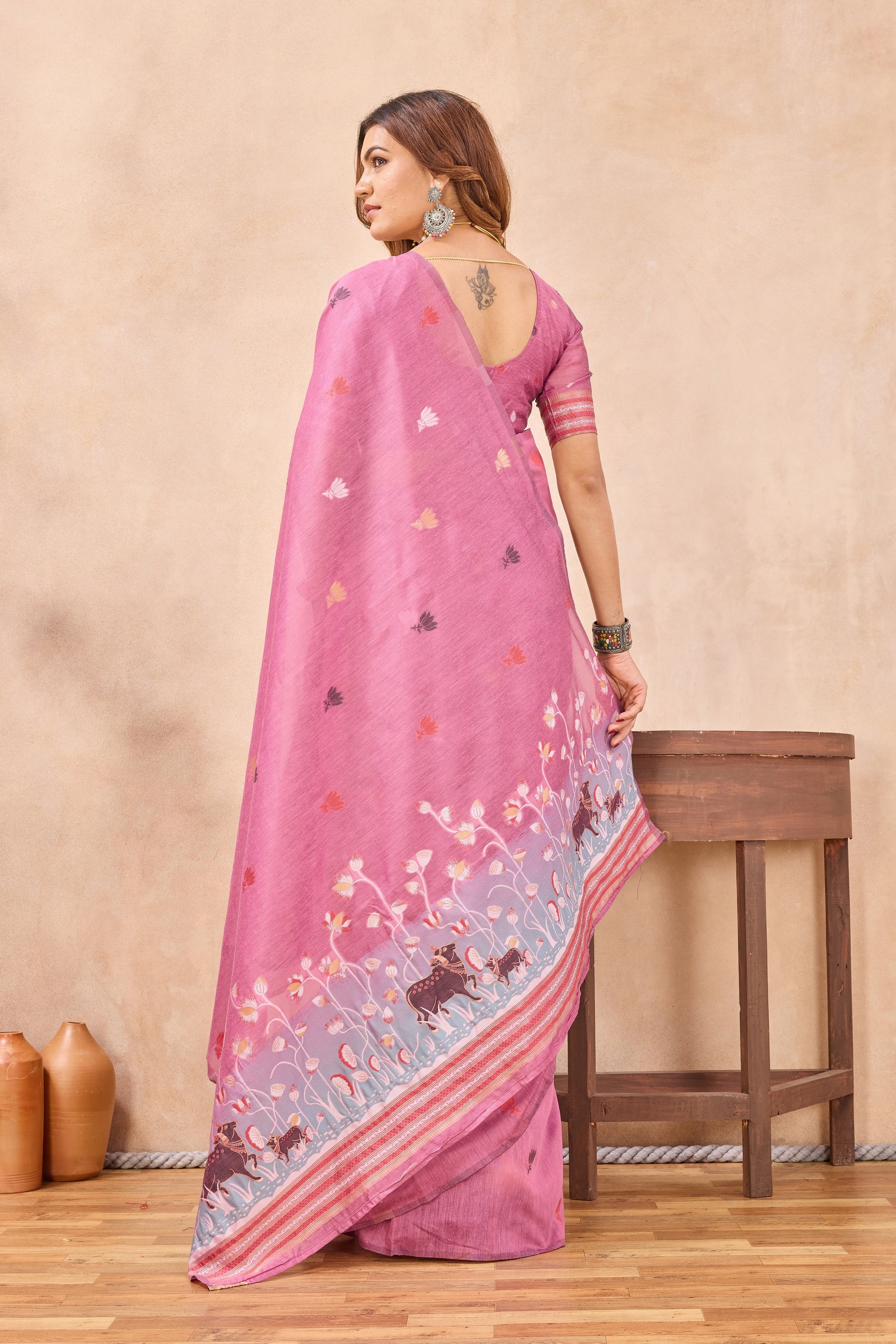 Divine International Trading Co Pink Linen Designer Party Wear Festive Saree With Unstitched Blouse Piece
