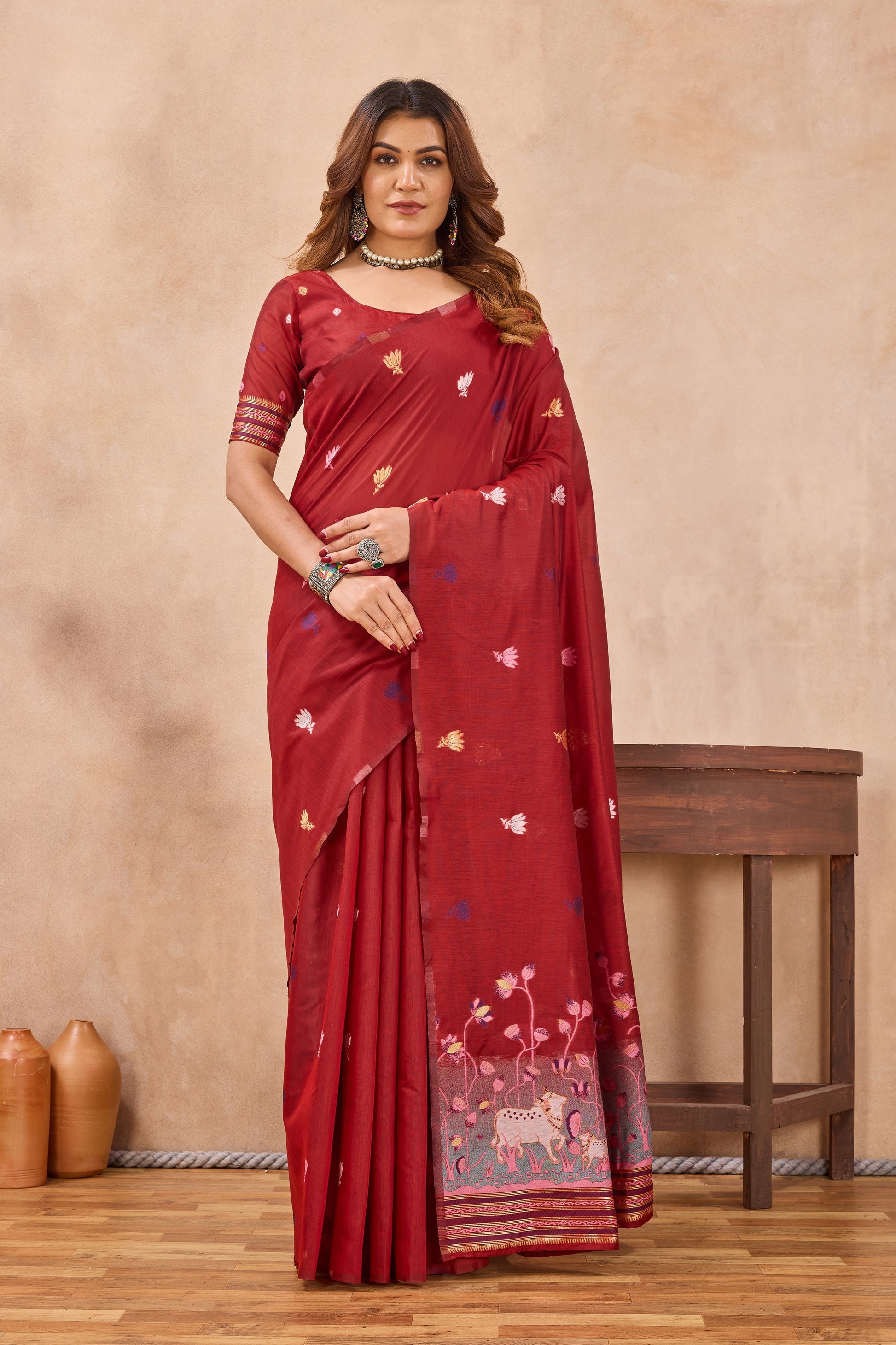 Divine International Trading Co Red Linen Designer Party Wear Festive Saree With Unstitched Blouse Piece