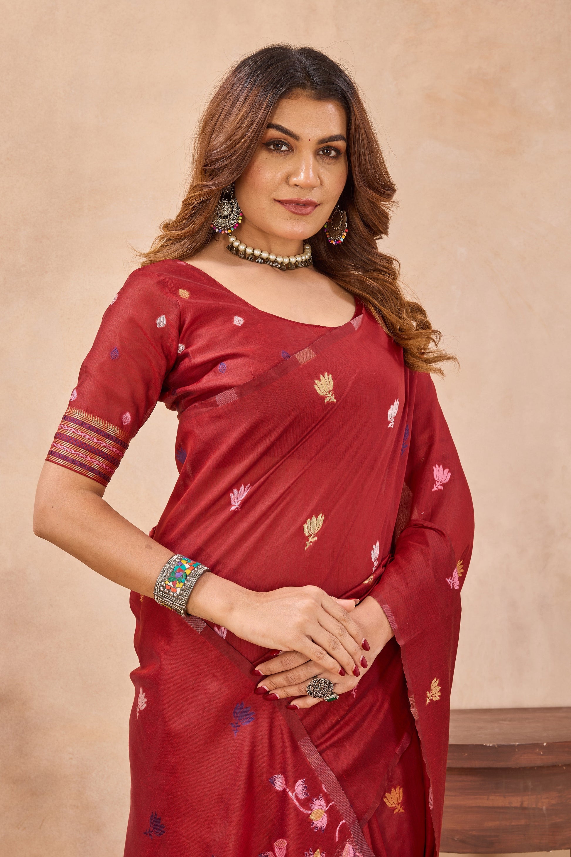 Divine International Trading Co Red Linen Designer Party Wear Festive Saree With Unstitched Blouse Piece