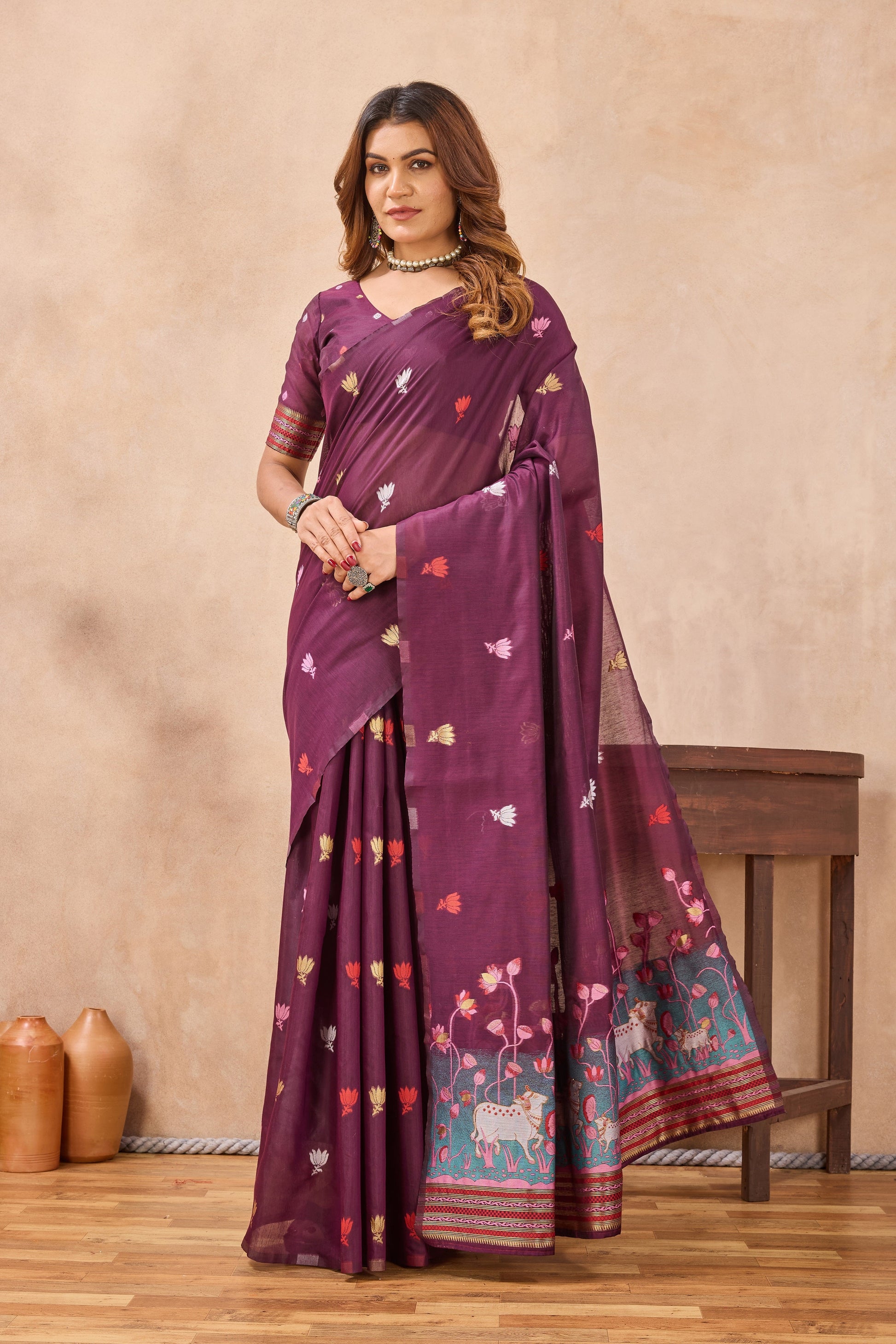 Divine International Trading Co Wine Linen Designer Party Wear Festive Saree With Unstitched Blouse Piece