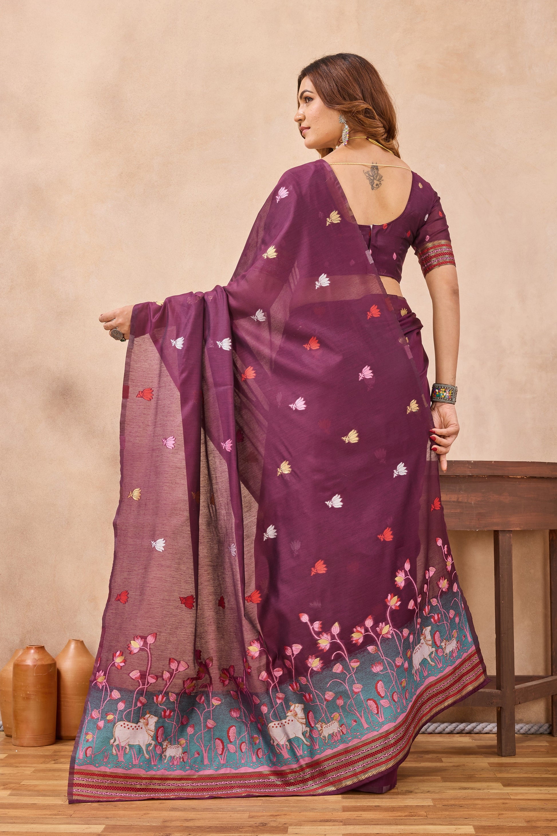 Divine International Trading Co Wine Linen Designer Party Wear Festive Saree With Unstitched Blouse Piece