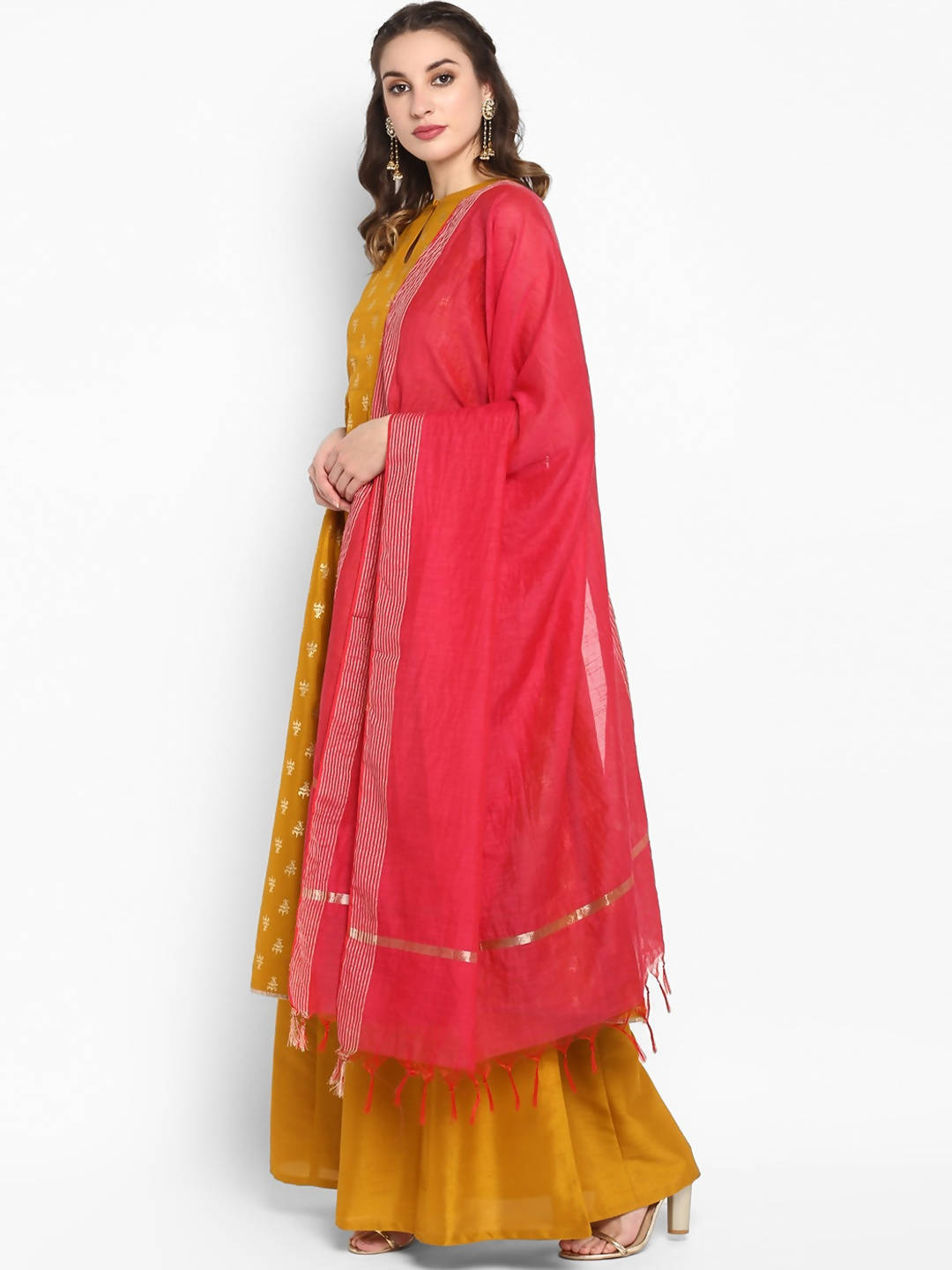 Janasya Women Mustard Yellow Printed Kurta with Palazzos & Dupatta