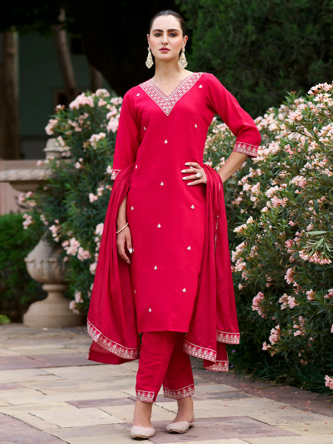 The52 Red Women's Gorgeous Embroidered Rayon Slub Fabric Straight Kurta Pant with Dupatta Set | Grab2Buy