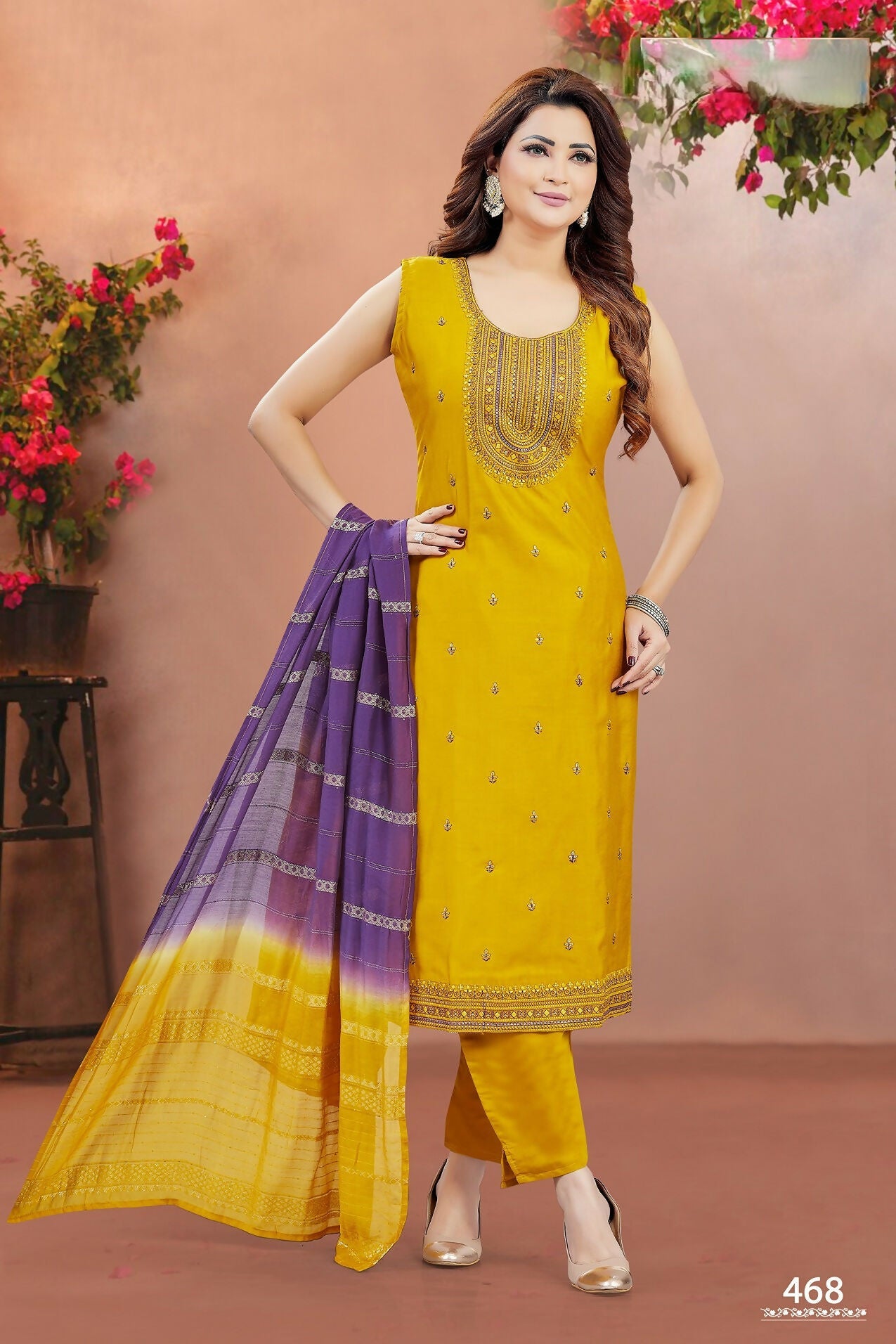 Joban Fashion Women Soft Silk Yellow Round Neck Emroidery Kurta Set
