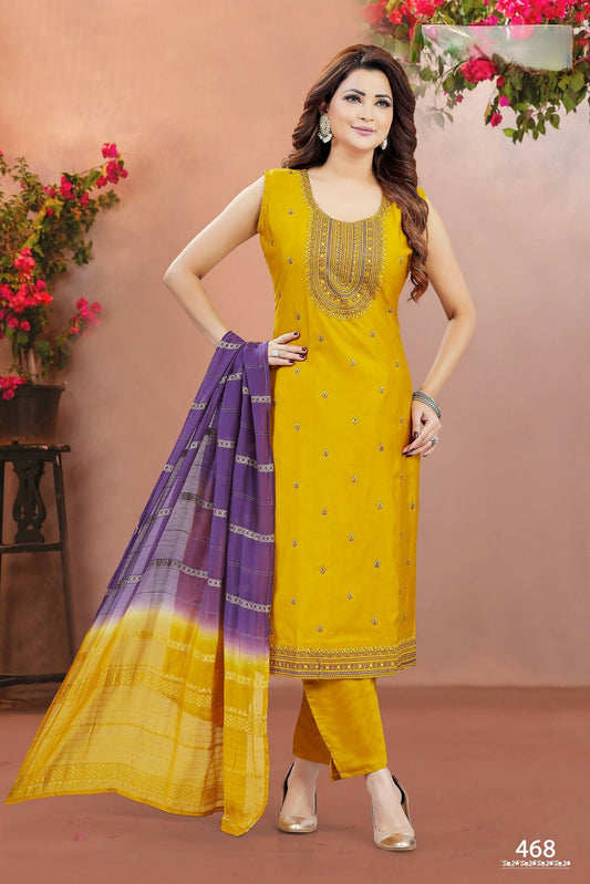 Joban Fashion Women Soft Silk Yellow Round Neck Emroidery Kurta Set