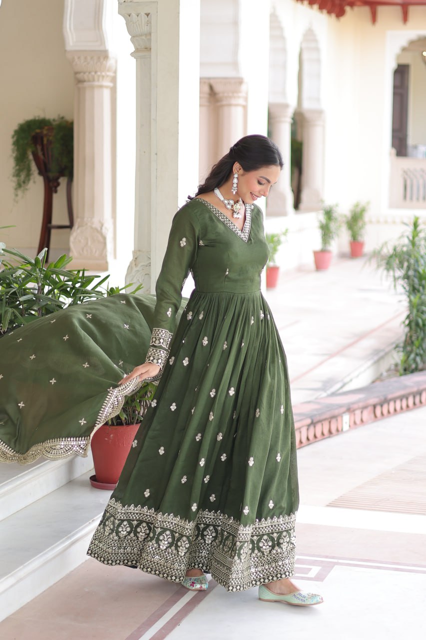 Lehenga Mart Premium Readymade Gown With Dupatta Set For Women-Mehendi Green