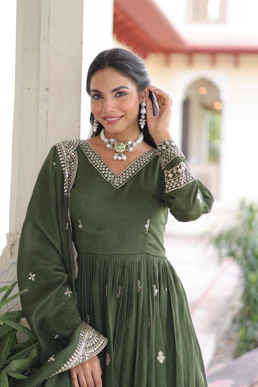 Lehenga Mart Premium Readymade Gown With Dupatta Set For Women-Mehendi Green