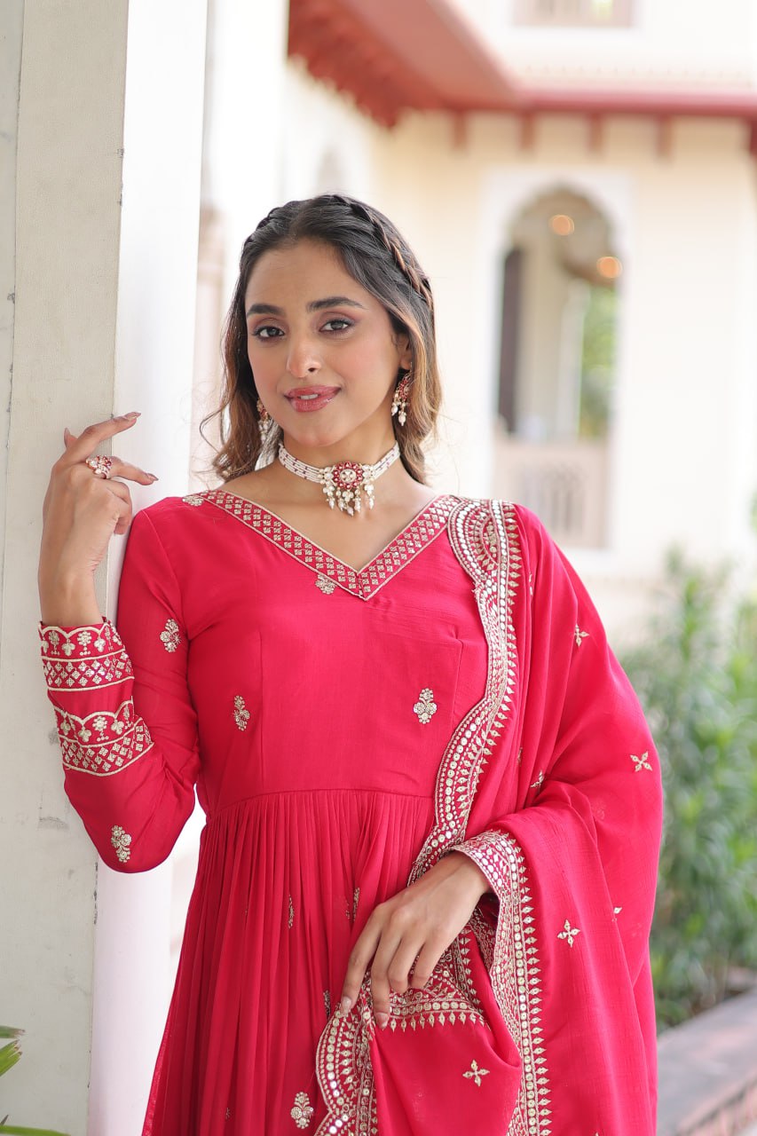 Lehenga Mart Premium Readymade Gown With Dupatta Set For Women-Rani Pink