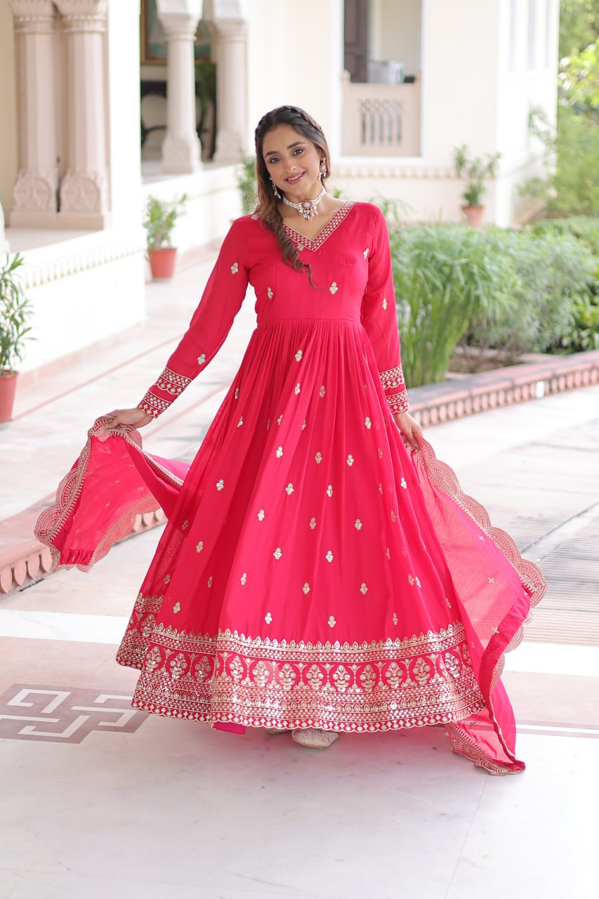Lehenga Mart Premium Readymade Gown With Dupatta Set For Women-Rani Pink