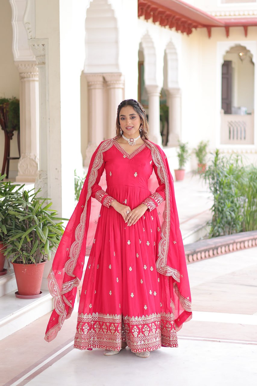 Lehenga Mart Premium Readymade Gown With Dupatta Set For Women-Rani Pink