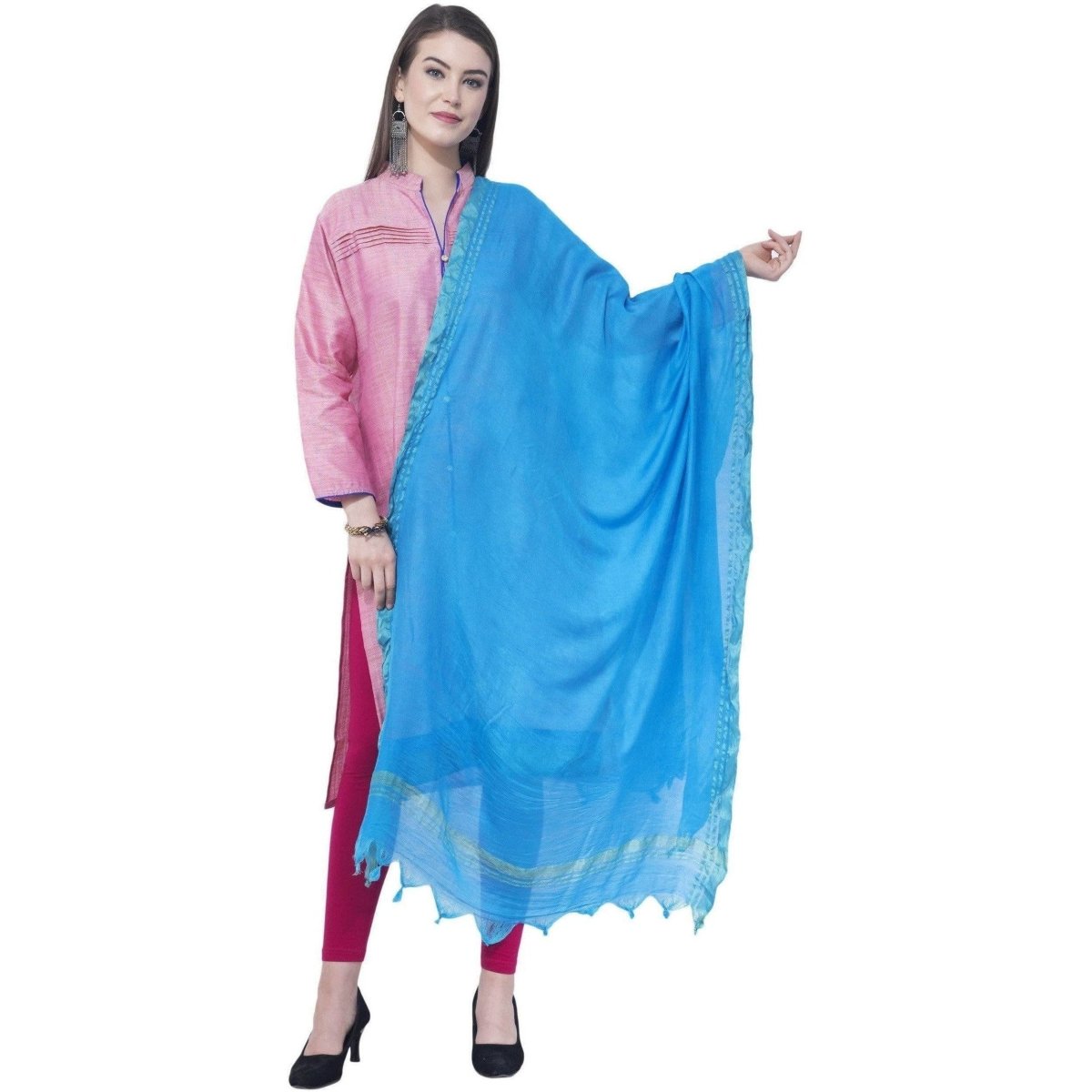 A R Silk Dark Sky Blue Color Golden Border Cotton Dupatta 