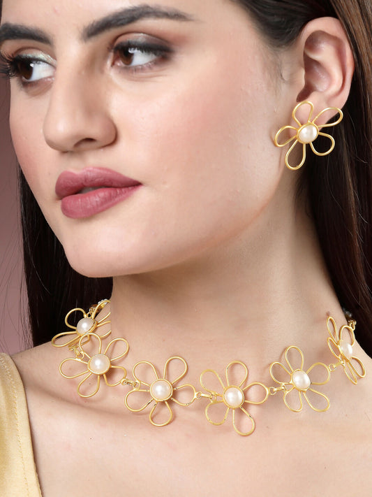 NVR Women's Gold Floral Shape Beaded Handcrafted Jewellery Set - Grab2buy