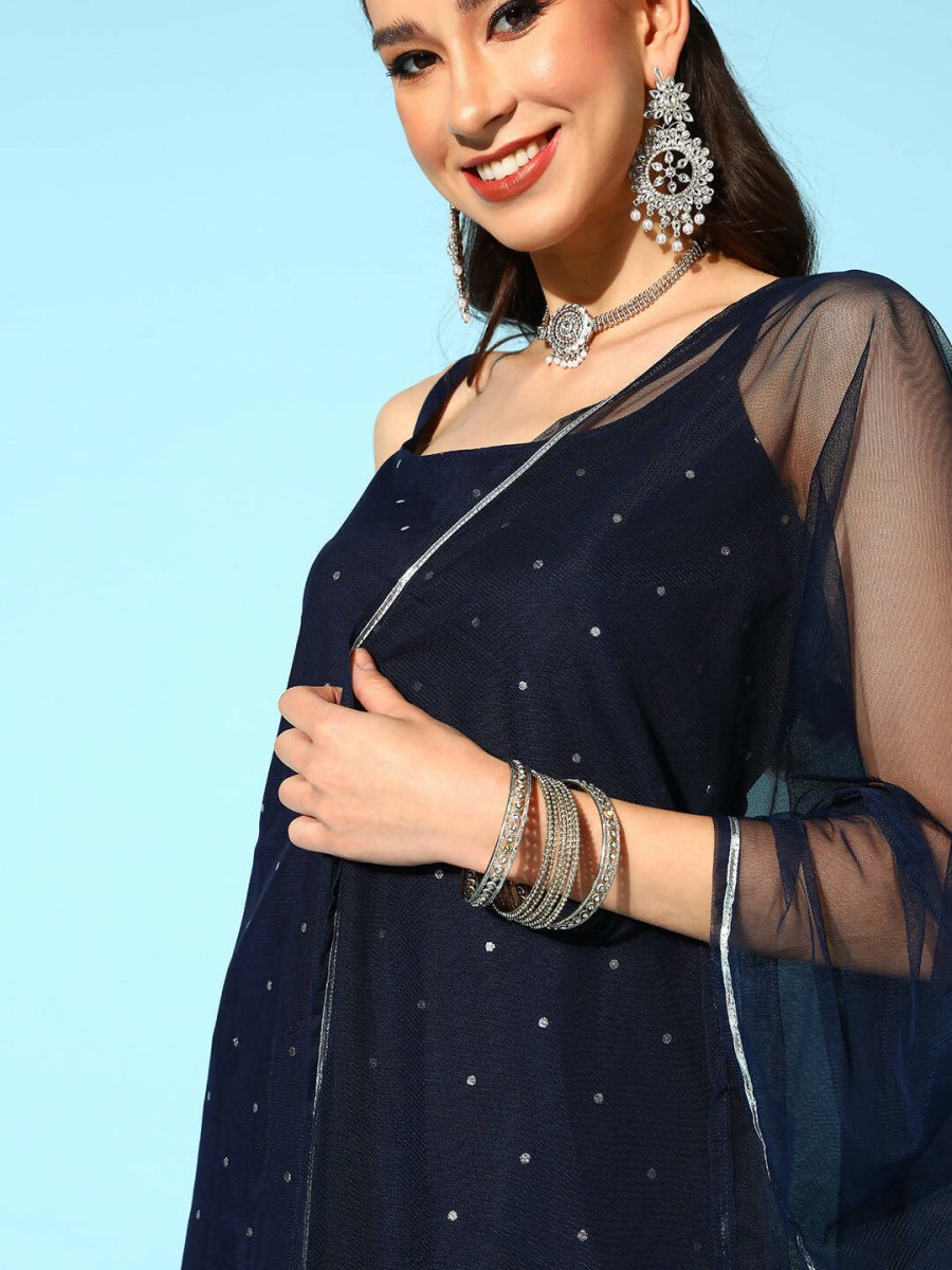 Ahalyaa Women Navy Blue Colour Crepe Foil Printed Kurta Sharara Set With Dupatta 