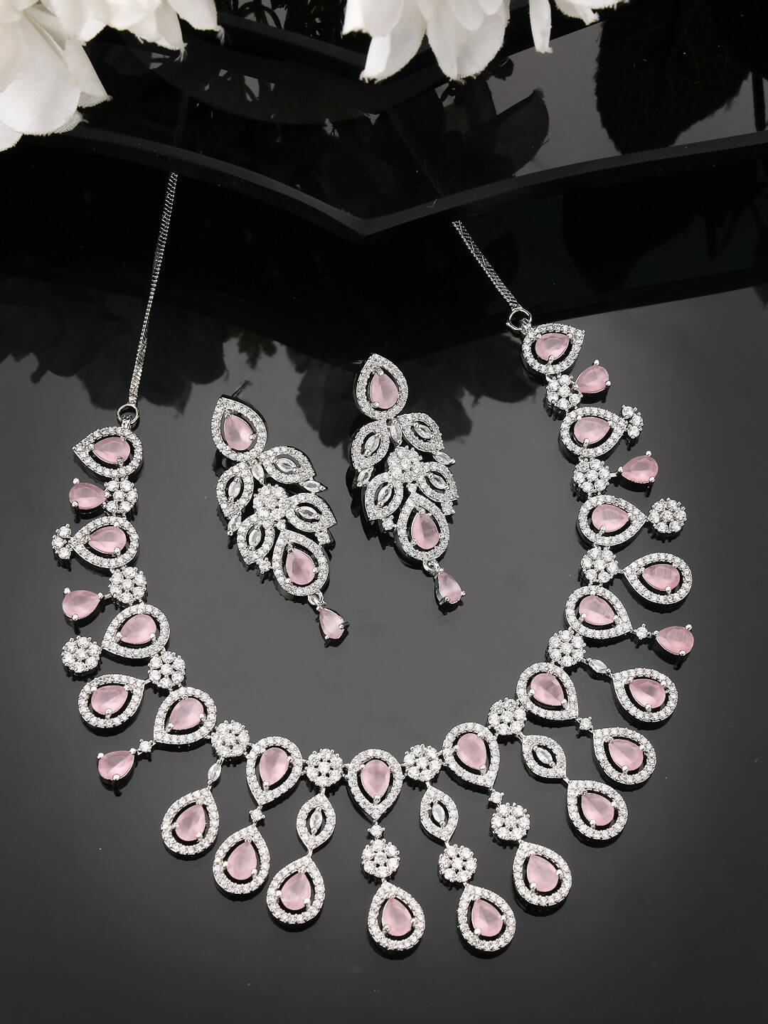 NVR Women Silver Plated & Pink Cz Stone Handcrafted Jewellery Set - Grab2buy