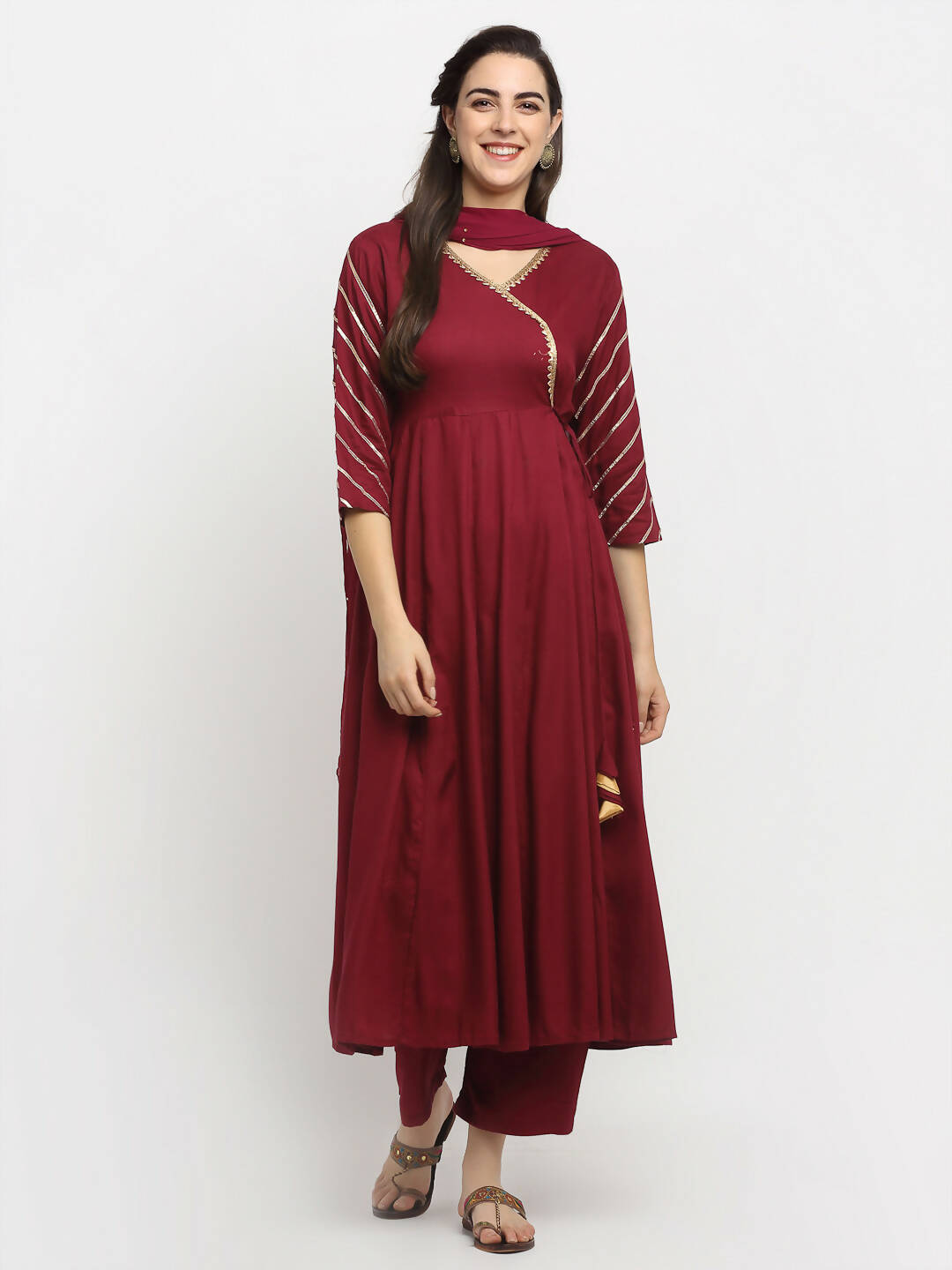 Rudra Bazaar Wine Angrakha Style Flared Anarkali Kurta with Pyjamas & Dupatta